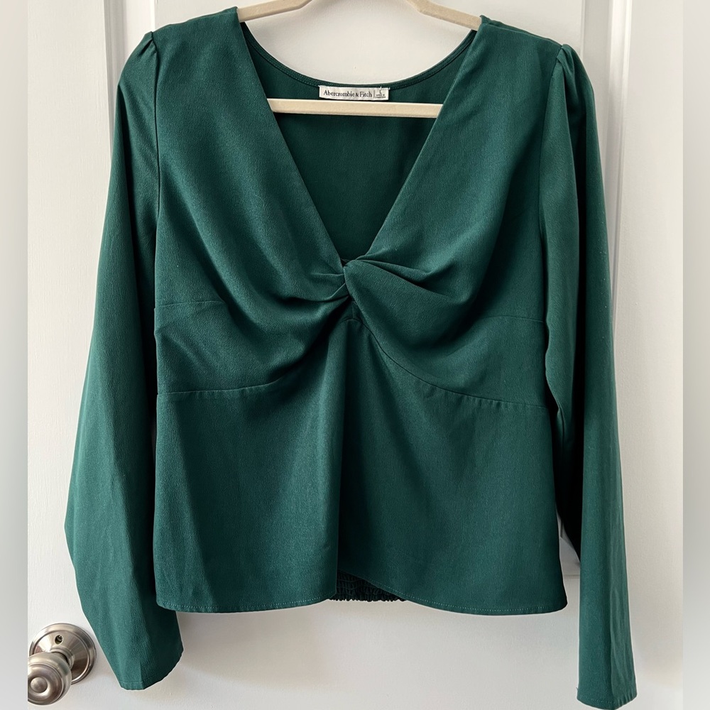 Abercrombie & Fitch Front Knot Long Sleeve Blouse | Emerald Green | Size Large